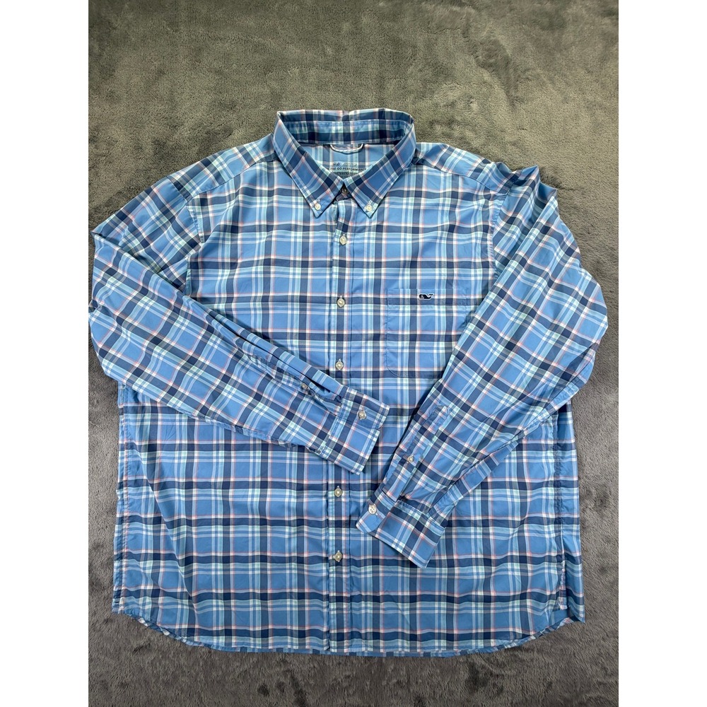 Vineyard Vines Mens XXL On-The-Go Performance Plaid Shirt Blue 1W011271 Stretch